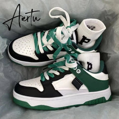 Women's Sneakers Spring New Fashion Student Breathable Leather Lace-up Thick-soled Loafers Casual Tennis Non-slip Sneakers Aiertu