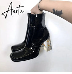 Womens Square Toe Ankle Boots Clear Transparent Crystal Flower Heel Retro Shoes Black Vintage Warm Winter Luxury Aiertu