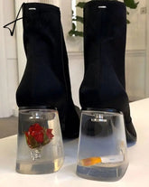 Womens Square Toe Ankle Boots Clear Transparent Crystal Flower Heel Retro Shoes Black Vintage Warm Winter Luxury Aiertu