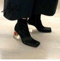 Womens Square Toe Ankle Boots Clear Transparent Crystal Flower Heel Retro Shoes Black Vintage Warm Winter Luxury Aiertu