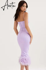 Women's Summer Dress Line Neck Sling Sleeveless Off Shoulder Solid Dress Sexy Backless Tight Purple Feather Dress Aiertu