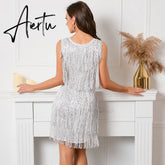 Women's Summer Dress V-Neck Halter Off Shoulder Sleeveless Dress Lace Backless Sequined Tassel Bag Hip Prom Black Dresses Aiertu