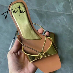 Women's Summer Gold Kbot Flat Sandal Sexy Thin Straps Luxury Slippers Square Toe Flip Flops Casual Beach Flats Aiertu
