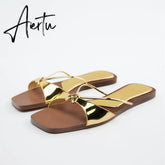 Women's Summer Gold Kbot Flat Sandal Sexy Thin Straps Luxury Slippers Square Toe Flip Flops Casual Beach Flats Aiertu