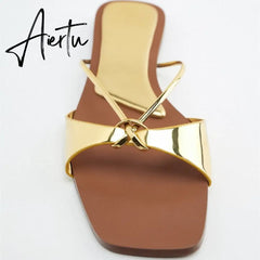 Women's Summer Gold Kbot Flat Sandal Sexy Thin Straps Luxury Slippers Square Toe Flip Flops Casual Beach Flats Aiertu
