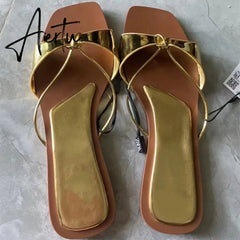 Women's Summer Gold Kbot Flat Sandal Sexy Thin Straps Luxury Slippers Square Toe Flip Flops Casual Beach Flats Aiertu