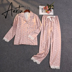 Women's Summer Two-piece Suit Pajamas Ice Silk Satin Thin Outwear Print Lace Pyjamas Home Suit for Women Clothes Aiertu