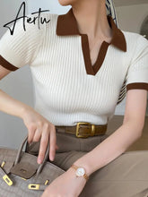 Women's T-shirt Polo Collar Short Sleeve Fashion Blouses Female Slim Knitted Tee White Skinny Casual Women Summer Tank Top Aiertu