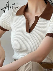 Women's T-shirt Polo Collar Short Sleeve Fashion Blouses Female Slim Knitted Tee White Skinny Casual Women Summer Tank Top Aiertu