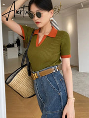 Women's T-shirt Polo Collar Short Sleeve Fashion Blouses Female Slim Knitted Tee White Skinny Casual Women Summer Tank Top Aiertu