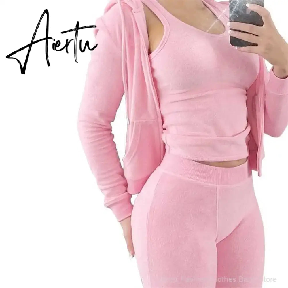 Womens Tracksuits Sets Fall Winter Zipper Jacket Cashmere Vest Hooded Pants Three Piece Set Outfit Conjuntos De Pantalones Aiertu