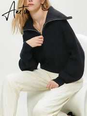 Women's Turtleneck Zippers Fashion Women Sweaters Solid Green Blue Pullover Long Sleeve Casual Knitted Sweater Woman Winter Aiertu