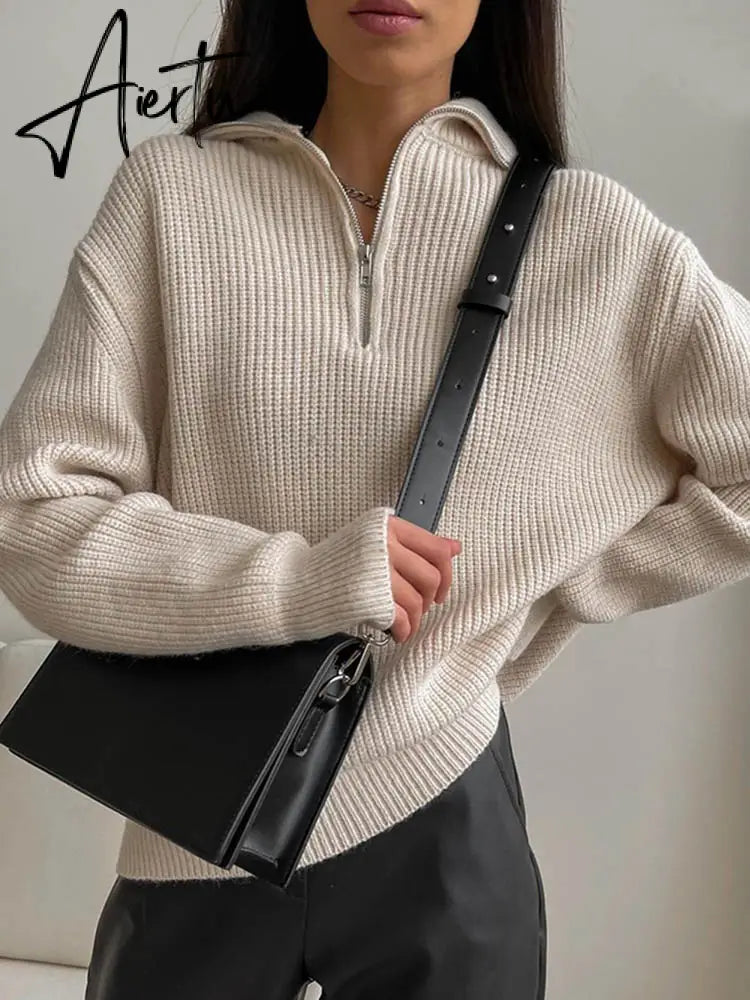 Women's Turtleneck Zippers Fashion Women Sweaters Solid Green Blue Pullover Long Sleeve Casual Knitted Sweater Woman Winter Aiertu
