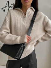 Women's Turtleneck Zippers Fashion Women Sweaters Solid Green Blue Pullover Long Sleeve Casual Knitted Sweater Woman Winter Aiertu