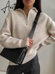Women's Turtleneck Zippers Fashion Women Sweaters Solid Green Blue Pullover Long Sleeve Casual Knitted Sweater Woman Winter Aiertu