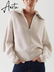 Women's Turtleneck Zippers Fashion Women Sweaters Solid Green Blue Pullover Long Sleeve Casual Knitted Sweater Woman Winter Aiertu
