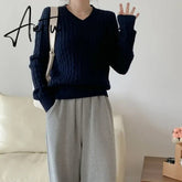 Aiertu Women's Twist Pullover Knitted Sweater Solid Casual Jumper Fall Winter Vintage Embroidered V-Neck Long Sleeve Top Aiertu