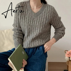 Aiertu Women's Twist Pullover Knitted Sweater Solid Casual Jumper Fall Winter Vintage Embroidered V-Neck Long Sleeve Top Aiertu