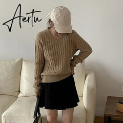 Aiertu Women's Twist Pullover Knitted Sweater Solid Casual Jumper Fall Winter Vintage Embroidered V-Neck Long Sleeve Top Aiertu