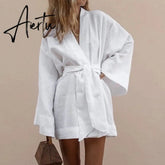 Women's V-Neck Kimono Cardigan Mini Dress Cotton Linen Long Sleeve Sashes Dresses Robe Style Lace Up Summer Loose Aiertu