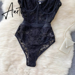 Women‘s Vintage American Retro Lace Camis Jumpsuits V Neck Sexy Black Ruffles Hot Sweet Hollow Out Mesh Splicing Sheer Bodysuit Aiertu