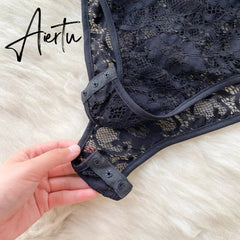 Women‘s Vintage American Retro Lace Camis Jumpsuits V Neck Sexy Black Ruffles Hot Sweet Hollow Out Mesh Splicing Sheer Bodysuit Aiertu
