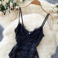 Women‘s Vintage American Retro Lace Camis Jumpsuits V Neck Sexy Black Ruffles Hot Sweet Hollow Out Mesh Splicing Sheer Bodysuit Aiertu