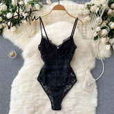 Women‘s Vintage American Retro Lace Camis Jumpsuits V Neck Sexy Black Ruffles Hot Sweet Hollow Out Mesh Splicing Sheer Bodysuit Aiertu