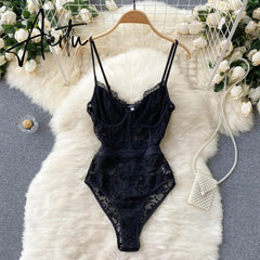 Women‘s Vintage American Retro Lace Camis Jumpsuits V Neck Sexy Black Ruffles Hot Sweet Hollow Out Mesh Splicing Sheer Bodysuit Aiertu