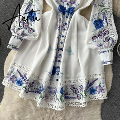 Women's Vintage Lantern Sleeve Knee Length Dress Spring Summer Long Sleeve lace a line dress lady half high collar dress Aiertu