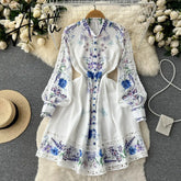 Women's Vintage Lantern Sleeve Knee Length Dress Spring Summer Long Sleeve lace a line dress lady half high collar dress Aiertu