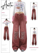 Women's Vintage Red Baggy Jeans 90s Aesthetic High Waist Denim Trousers Korean 2000s Y2k Harajuku Wide Pants Trashy Clothes Aiertu