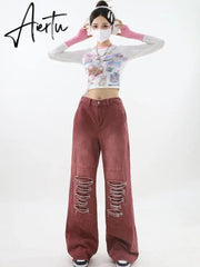 Women's Vintage Red Baggy Jeans 90s Aesthetic High Waist Denim Trousers Korean 2000s Y2k Harajuku Wide Pants Trashy Clothes Aiertu