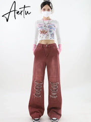Women's Vintage Red Baggy Jeans 90s Aesthetic High Waist Denim Trousers Korean 2000s Y2k Harajuku Wide Pants Trashy Clothes Aiertu