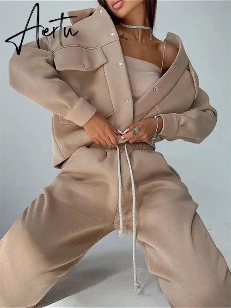 Women's WarmTwo Piece Sets Oversized Sportwear Collar Jacket And Drawstring Trouser Autumn Winter Suits For Women Aiertu
