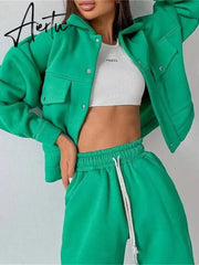 Women's WarmTwo Piece Sets Oversized Sportwear Collar Jacket And Drawstring Trouser Autumn Winter Suits For Women Aiertu