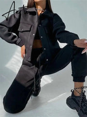 Women's WarmTwo Piece Sets Oversized Sportwear Collar Jacket And Drawstring Trouser Autumn Winter Suits For Women Aiertu