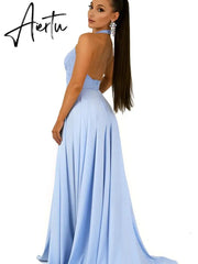 Women'S Wear High-quality Blue Dress Slim And Elegant Solid Color Hanging Neck Style Large Swing Dress Birthday Party Dress Aiertu