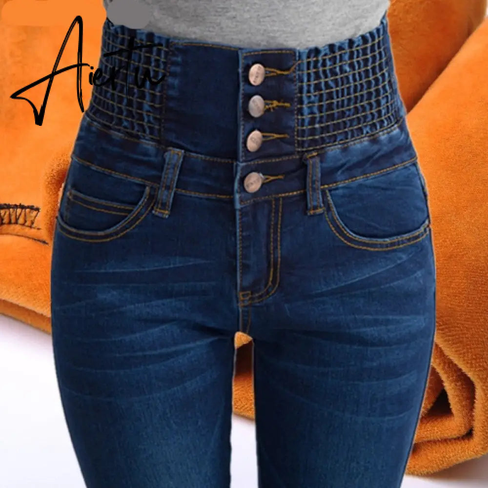 Womens Winter Jeans High Waist Skinny Pants Fleece /no velvet Elastic Waist Jeggings Casual Plus Size Jeans For Women Warm Jeans Aiertu
