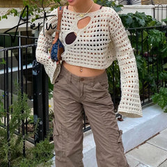 Womens y2k Cover Up Hollow Out Long Flared Sleeve Crochet Knitted Crop Tops Boho Y2K Tee Loose T shirts for Teen Girls Aiertu