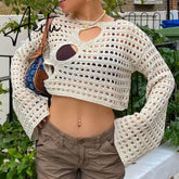 Womens y2k Cover Up Hollow Out Long Flared Sleeve Crochet Knitted Crop Tops Boho Y2K Tee Loose T shirts for Teen Girls Aiertu