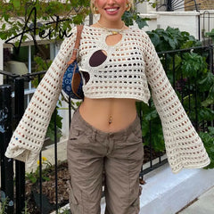 Womens y2k Cover Up Hollow Out Long Flared Sleeve Crochet Knitted Crop Tops Boho Y2K Tee Loose T shirts for Teen Girls Aiertu