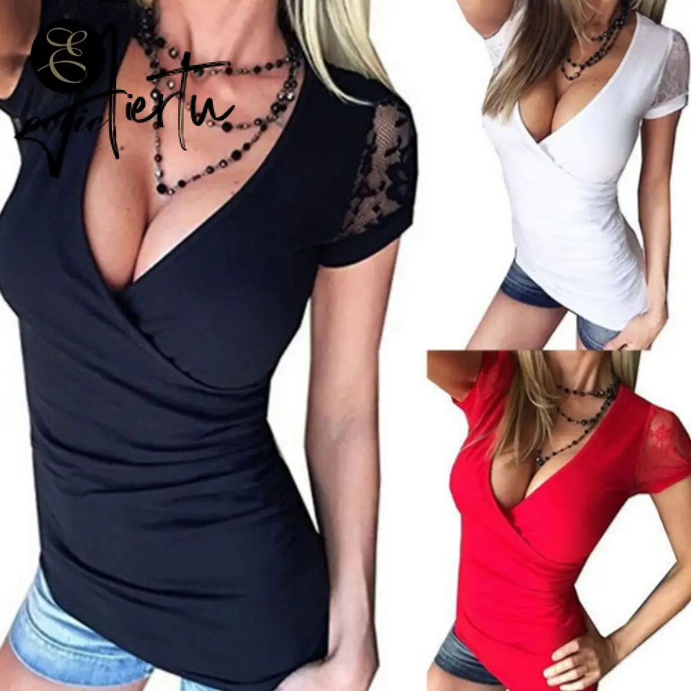 Wrap Shirt Open Chest Top Lace Mesh Embroidery Short Sleeve Deep V Neck T Shirt Plunge Harajuku Punk Bodycon Shirt Women Solid Aiertu