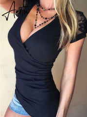 Wrap Shirt Open Chest Top Lace Mesh Embroidery Short Sleeve Deep V Neck T Shirt Plunge Harajuku Punk Bodycon Shirt Women Solid Aiertu