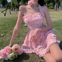 Wrapped Chest Floral Dress Women Summer French High Waist Holiday Dress Puffy Bohemian Dress Irregular Sundress Femme Robe Aiertu