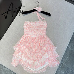 Wrapped Chest Floral Dress Women Summer French High Waist Holiday Dress Puffy Bohemian Dress Irregular Sundress Femme Robe Aiertu