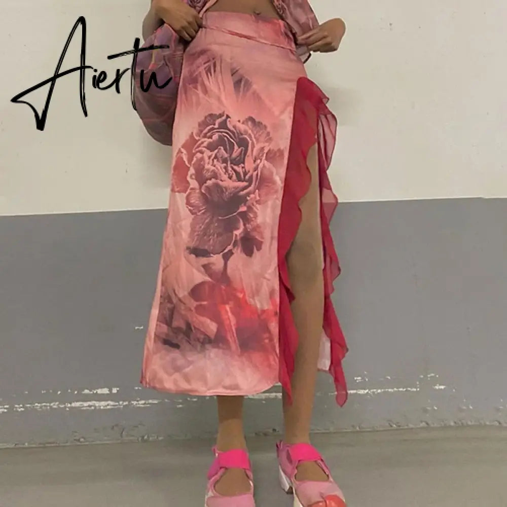 Y2K Aesthetic Fairy Floral Print Midi Skirts 90s Vintage High Waist Split Ruffles Long Skirts Womens Beach Holiday Streetwear Aiertu