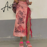 Y2K Aesthetic Fairy Floral Print Midi Skirts 90s Vintage High Waist Split Ruffles Long Skirts Womens Beach Holiday Streetwear Aiertu