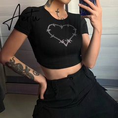 Y2k Aesthetic Graphic Tank Tops Women Rhinestone Heart Shape Print Vest O Neck Short Sleeve Crop Top Summer Slim Tanks Short Top Aiertu