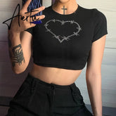 Y2k Aesthetic Graphic Tank Tops Women Rhinestone Heart Shape Print Vest O Neck Short Sleeve Crop Top Summer Slim Tanks Short Top Aiertu
